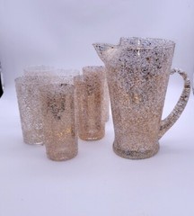 Mid-Century West Virginia Glass 1950s Pitcher & 6 Glasses White Gold Splatter