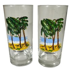 2 Highball Glasses Tropical Beach Palm Trees Martinique