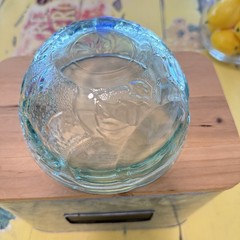 Vintage Aqua Pressed Glass Candy Dish w Lid Floral Mid Century Bowl USA