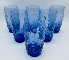 Vtg Libbey Garden Vine Fruits Cobalt Blue Highball Glasses 15 oz Set Of 6