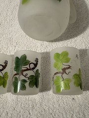 Vintage FROSTED GLASS PITCHER and 6 JUICE GLASSES Green Floral Design