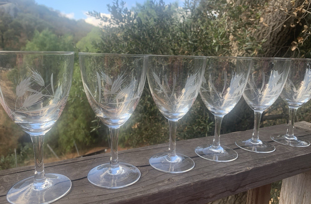 Vintage Etched Wheat Pattern Clear Glass MCM Crystal Wine Glasses Set-6 Elegant