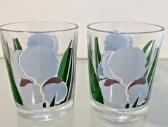 Set of 2 Rocks Glasses Blue And Purple Iris Flowers Green Leaves 3.5” Tall