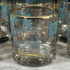 8 ~VTG MCM Libbey’s Old Fashioned Steamboat Glasses Teal Gold Southern Comfort