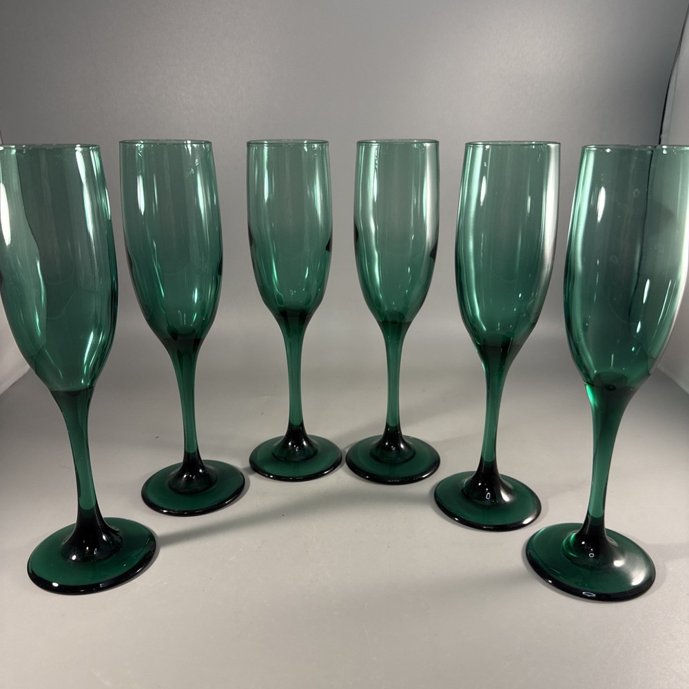 Set Of 6 Vintage 1980’s Libbey Juniper Green Champagne Wine Stemware Glasses