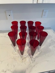 Crate & Barrel Blown Glass Champagne Glasses 10” Ruby Glass Flutes Set of 14