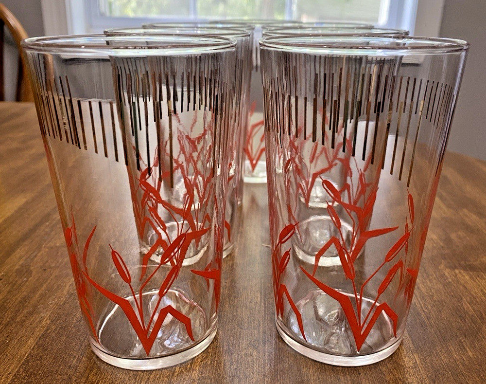 7 – Federal Glass -MCM Red Cattail & Gold Trim Tumblers Drinking Glasses 12 oz
