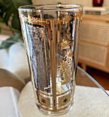 Culver 22KT Gold Asian Motif Glass Tumbler Mid-Century Barware Hi-Ball Collins