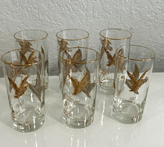Vintage Libbey Drinking Highball Glasses Gold Embossed Geese Flying . Set of 6.