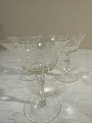 Vintage Glass Set of 3 Etched Goblets Cornflower & Palm Leaf Design