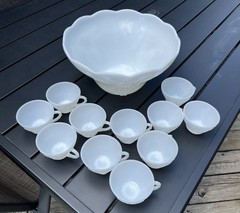 Vintage Anchor Hocking Milk Glass Harvest Grape Punch Bowl Set, 11 Cups