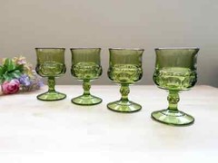 Vintage Green Indiana Glass Kings Crown Thumbprint Goblets Wine Sherry Glasses 4
