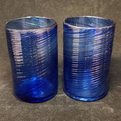 Set Of 2 Hand Blown Optic Swirl Cobalt Blue Glass Tumblers With Pontil Mark 5″