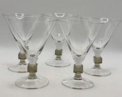 5 Clear Crystal 6 Oz Wine Glasses With Smoky/Tawny Brown Cube Stem Accent 5” EUC
