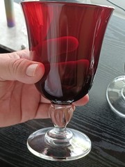 Set of (6) Cristal d’Arques Durand Ruby Glass Red Goblet Clear Stem.