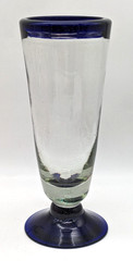 Mexico Hand Blown Beer Glass Clear With Cobalt Blue Rim & Base Barware Drinkware