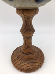 Vintage Artisan Hand Crafted Stoneware Pottery Wine Goblet Wood Stem Signed