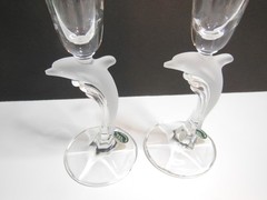 PAIR LENOX CRYSTAL DOLPHIN CHAMPAGNE FLUTES 10 1/8″