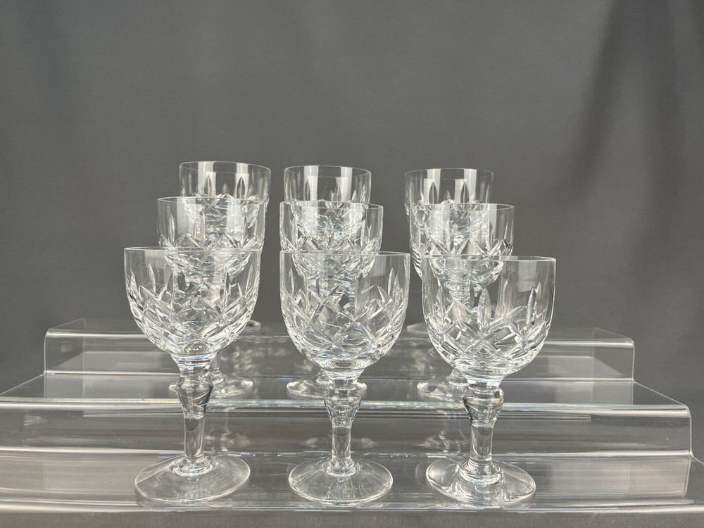 9 Vintage Stuart REGENT Cut Crystal 5 1/8″ Claret Wine Glasses; England Mint