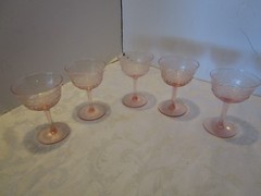 Antique HC Fry Glass Set 5 Pink Goblets Needle-Etch Ribbed Paneled 1920s