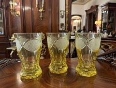 Antique Bohemian Crystal Cups Cut Amber Glass Inwald Austria Art Deco Fish 1930s