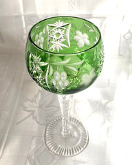 Set of 4 Emerald Hock Wines, 24% Lead Crystal by Ajka Hand Cut, 8″ tall, 7 oz