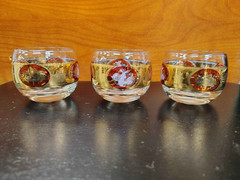 Set of 3 VTG CERA Gold Purple Pear Fruit MCM Barware 5oz Bourbon Whiskey Glasses