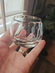 MCM Roly Poly Glasses Set Of 6. Clear W/ Silver Rim. 2.5×2.5″