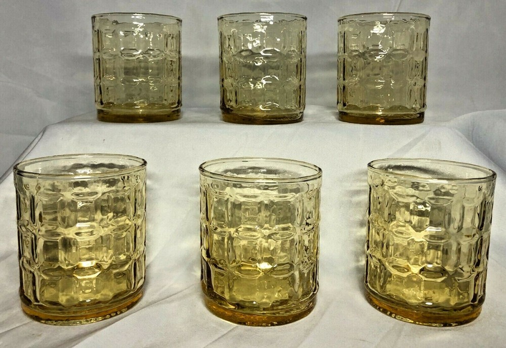 Vintage 6 Anchor Hocking Light Amber Glasses Tartan Square Cube Waffle Block MCM