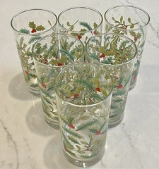 Set of 6 Mistletoe & Holly Festive Libbey Crisa 16 oz. Glass Tumblers Vintage