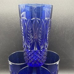 (4) Arcoroc Royal Sapphire Cobalt Blue Beverage Glasses Palm Leaf France 14oz