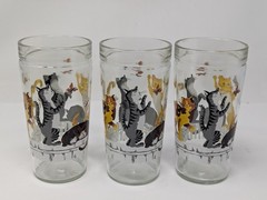 Anchor Hocking Butterflies Cats on Fence 6″ Glass Tumblers, Set Of 6, Vintage