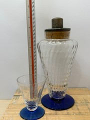 Antique Bryce Brothers Blown Optic Cocktail Shaker & 4 Cobalt Footed Glasses Lot