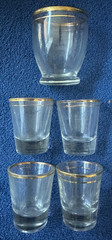 Vintage Anchor Hocking Bar Set 4 oz Footed Tumbler & 4X 1 oz Shot Glass Gold Rim