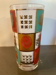 MCM Fred Press Highball Glasses Coat of Arms, Turquoise, Pink and Gold, Set of 2