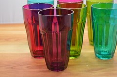 Lot of 7 Vintage Mid Century Tumblers Drinking Glasses Red, Blue, Green, Purple