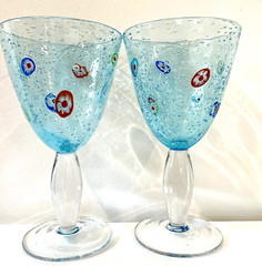 Artland Turquoise Blue Melifiore 14 Oz Set Of 2 Hand Blown Glasses 7.5” Tall