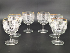 6 Vtg Bartlett Collins 1940s Grape Leaf Thumbprint Etched Glass Goblet Gold Rim