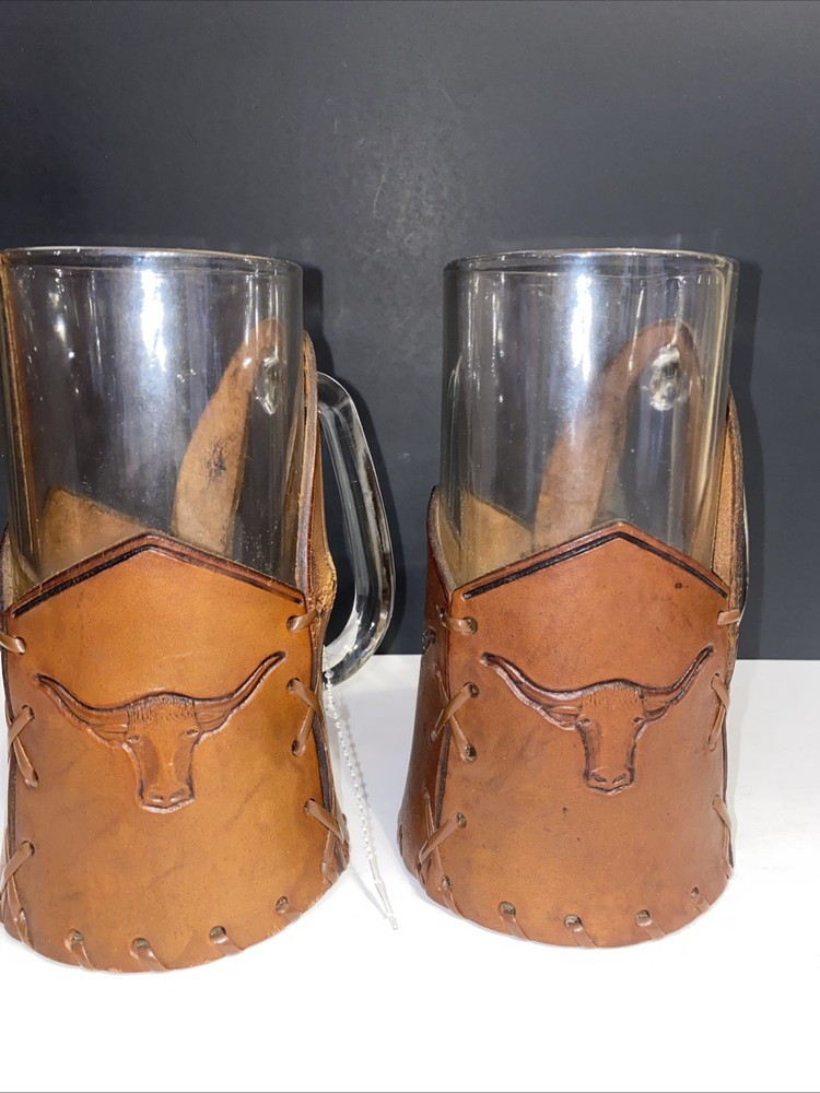 Vtg Libbey Bamco Western Longhorn Hand-Tooled Leather Beer Glasses Set 2