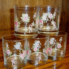 Vtg Lot (5) Drinking Glass Tumblers~Elegant Pink Roses & Ribbons~Barware 685