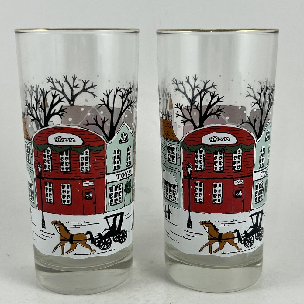 2 Vintage Libbey CHRISTMAS VILLAGE GLASSES w/ Gold Rim Winter Scene Horse Sleigh