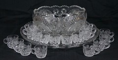 RARE! 1950’S AMERICAN BRILLANT 27 PCS CRYSTAL PINWHEELS & STARS PUNCH BOWL SET