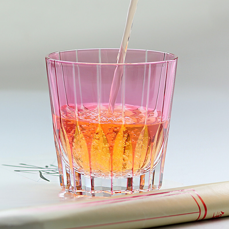 Whisky Glass Tumbler Japan Style Edo Kiriko Glass Hand Cut To Star Base 9oz Pink