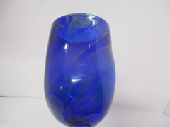 Signed Art Glass Blue and Yellow Clear Stem Goblet