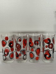4 Vintage Italian Cerve MCM Red & Black Retro Glass Tumblers | Geometric Design