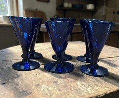Hand Blown Cobalt Blue Glass VTG 1950s Cordial Glasses Set Of 6 Swirl Design