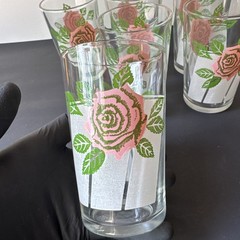 Set of 6 Vintage Pink Rose Floral 4” Juice Drinking Glasses Tumblers Retro