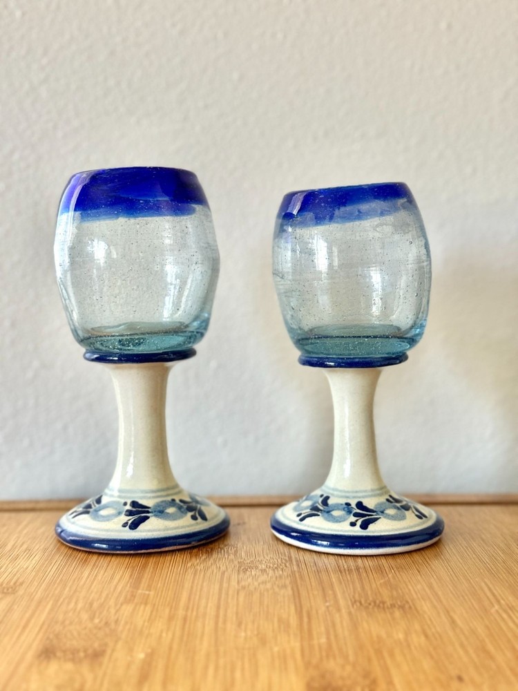 Vintage Early Century Hand Blown Glass Goblets With Talavera Pottery Hand Painte