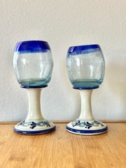 Vintage Early Century Hand Blown Glass Goblets With Talavera Pottery Hand Painte