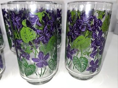 Set Of 8 Libbey Glasses Vintage Tumblers Purple Violet Flowers Green Leaves – 5″